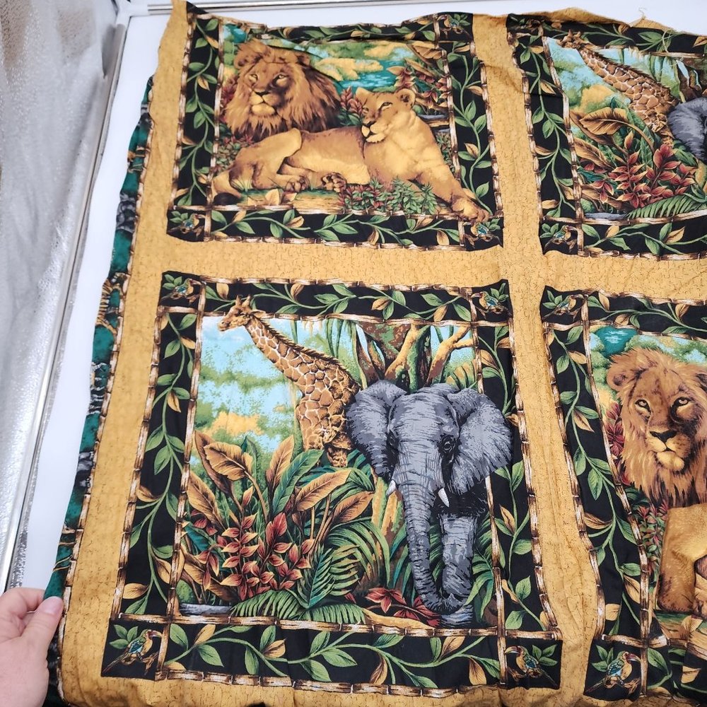 Fabric panel quilt/pillow blocks Safari Animals Lion Elephant Giraffe
